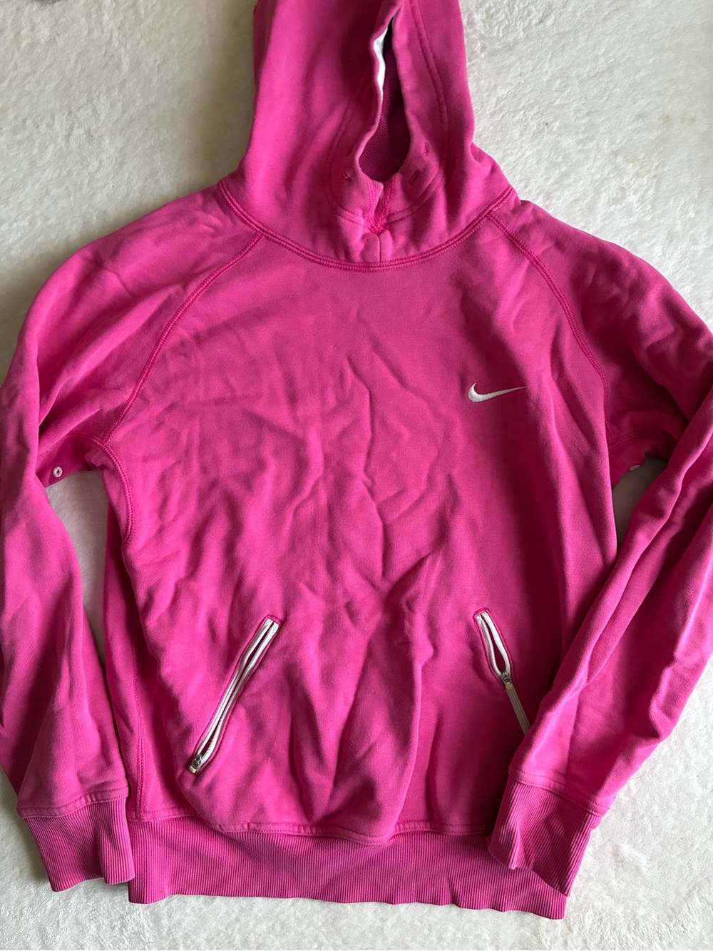 Vintage Nike Women’s Bright Pink Hooded Sweatshirt with White Swoosh